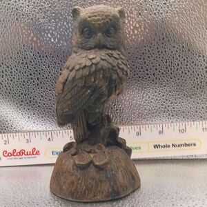 Vintage 6.5" Brown Ceramic Owl Figurine on Stump, Rustic Home Décor